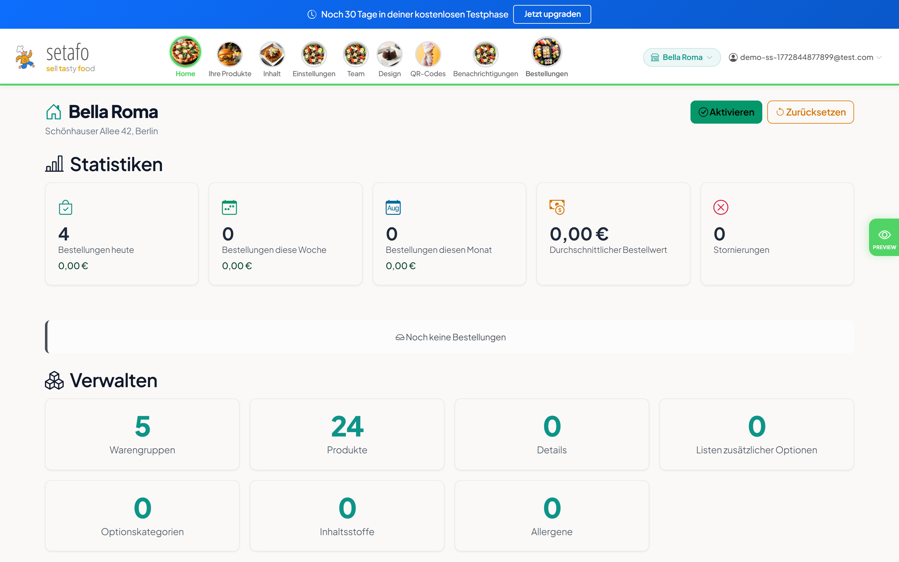 SeTaFo Management-Dashboard mit Bestellübersicht und Statistiken
